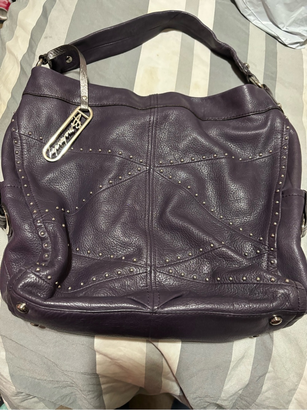 b. makowsky Purple Studded Leather Shoulder Hobo Bag